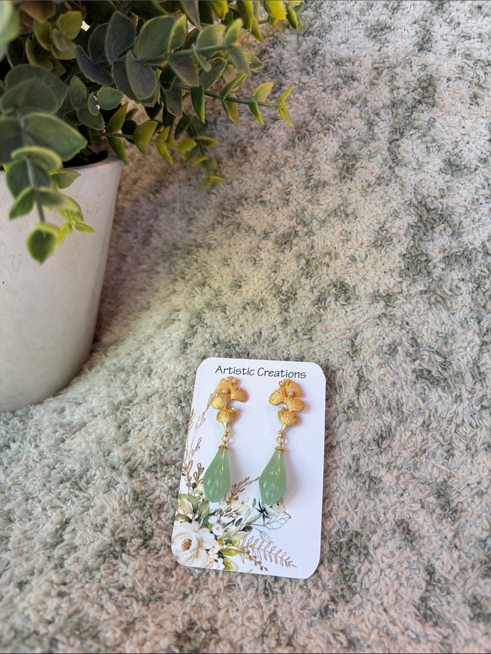 Artistic Creations Gold Ginkgo Leaf Drop Earrings w/ Green Teardrop NWT 1.75” - Picture 5 of 11